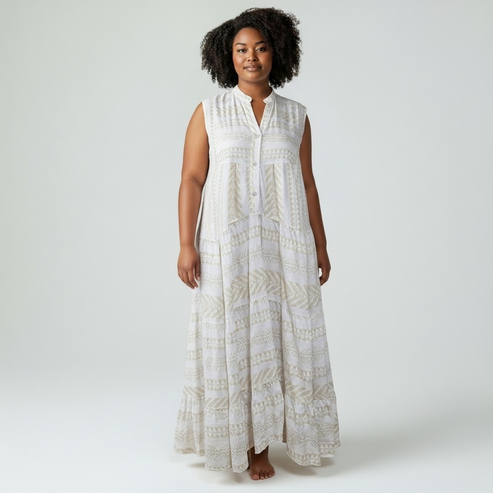 Made In Italy White Sleeveless Tiered Maxi Dress With Gold Embroidery Detail 12